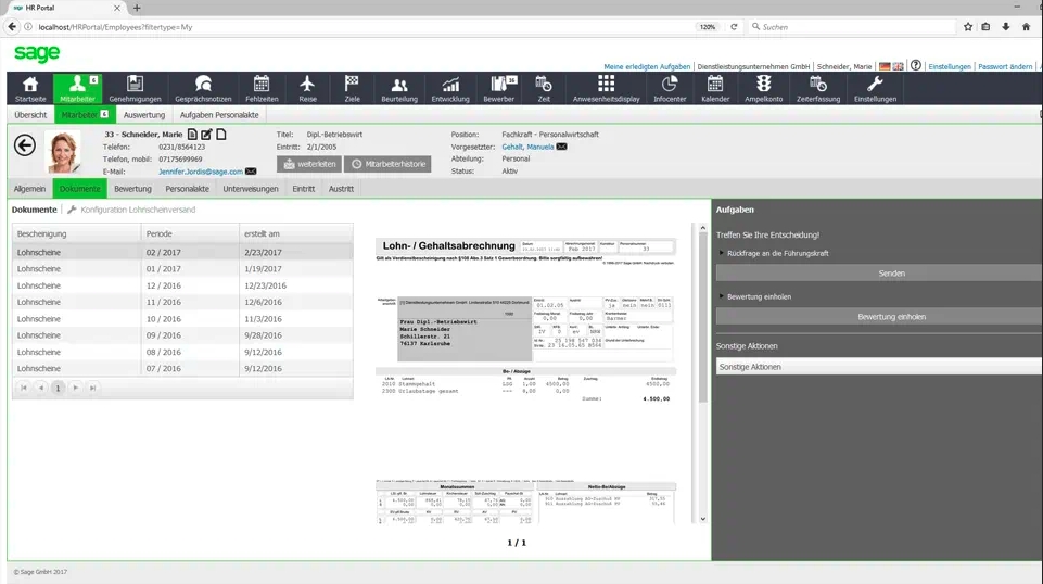 Sage HR Suite - Digitale Personalakte Screenshot aus dem System